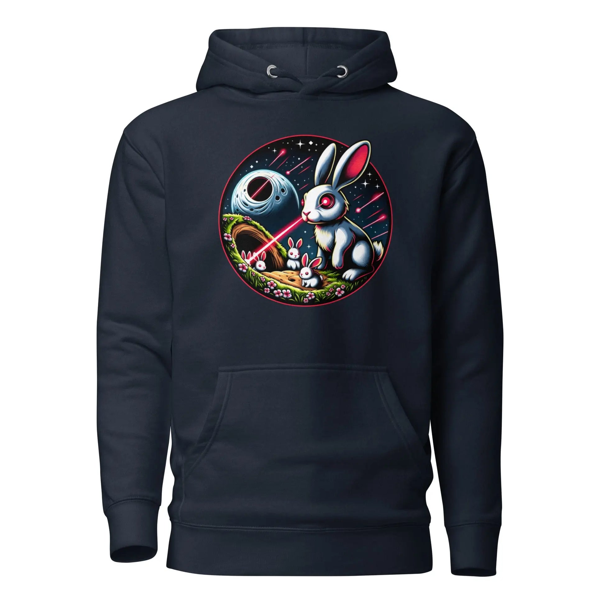 bitcoin hoodie - laser eyes rabbit family - front view - navy