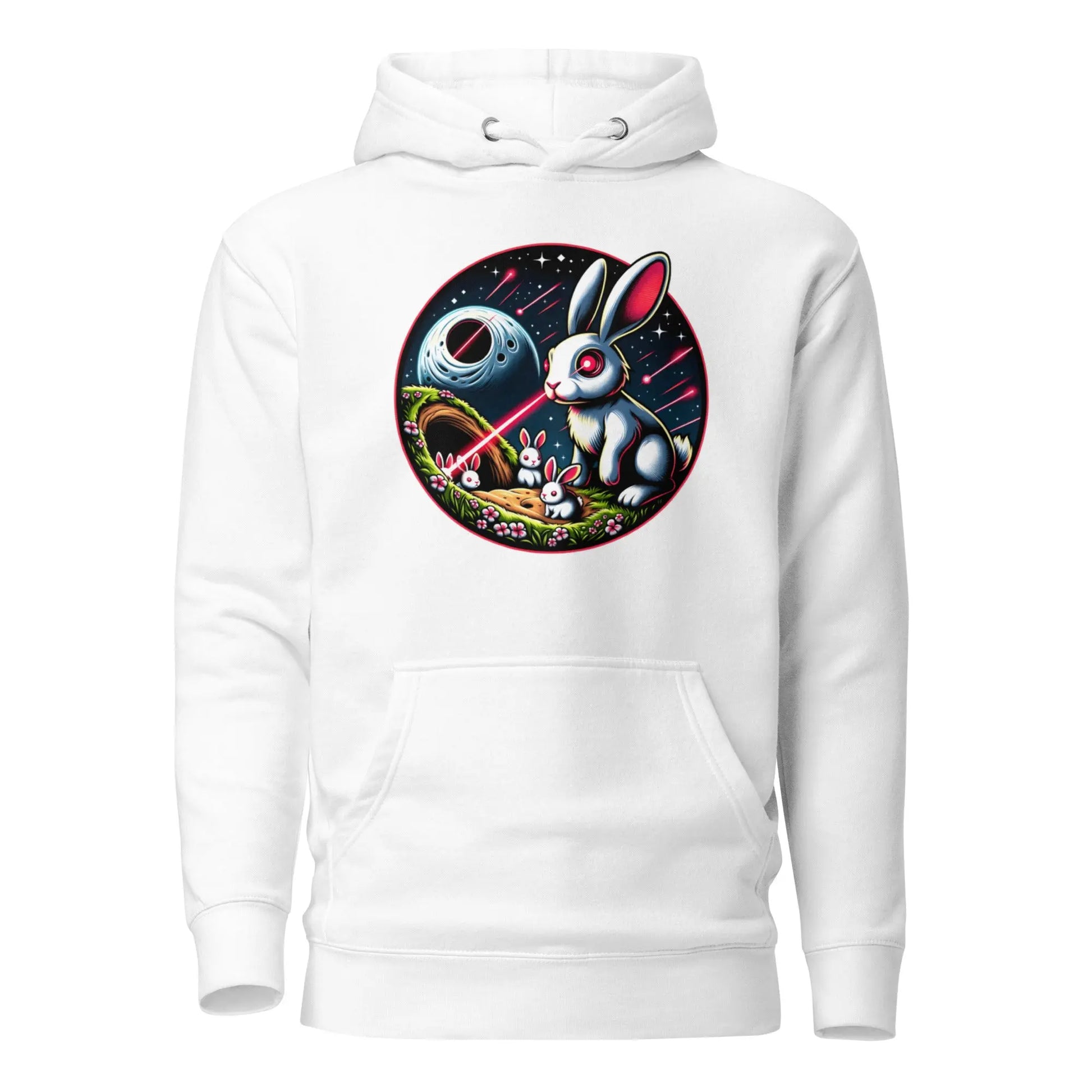 bitcoin hoodie - laser eyes rabbit family - front view - white