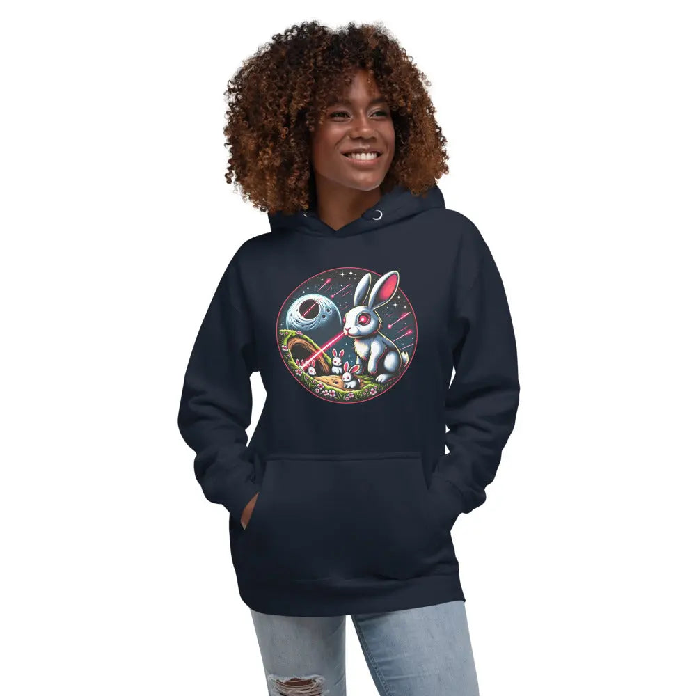 bitcoin hoodie - laser eyes rabbit family - worn on female model - navy