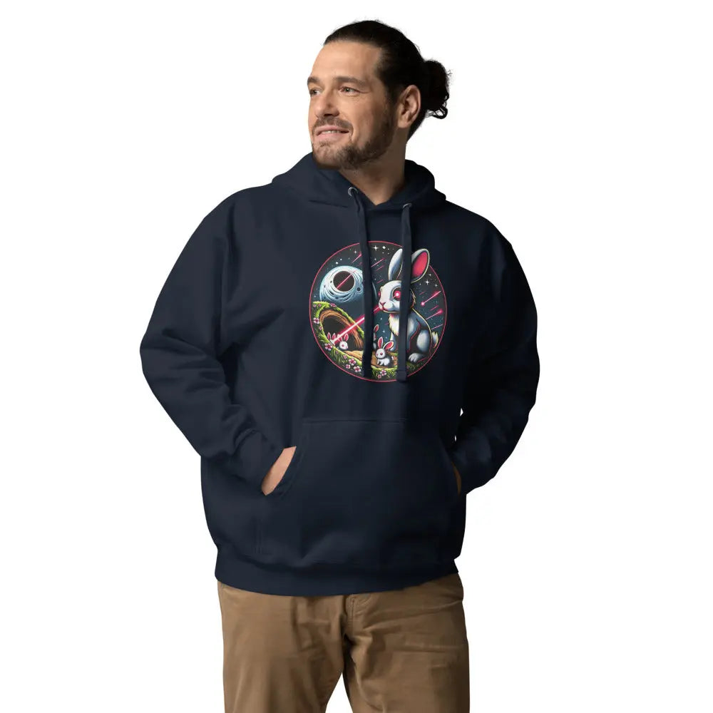 bitcoin hoodie - laser eyes rabbit family - worn on model - navy
