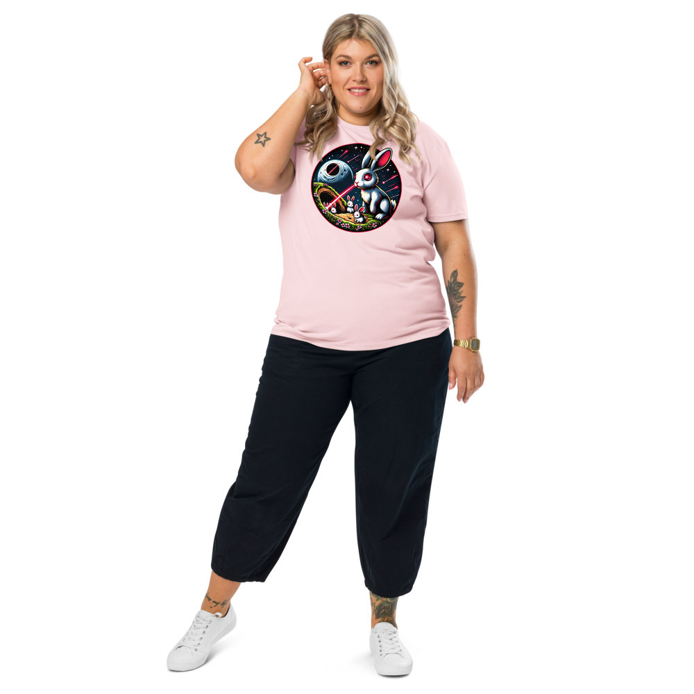 Bitcoin T-Shirt – Laser Eyes Rabbit Family - worn on female model - pink