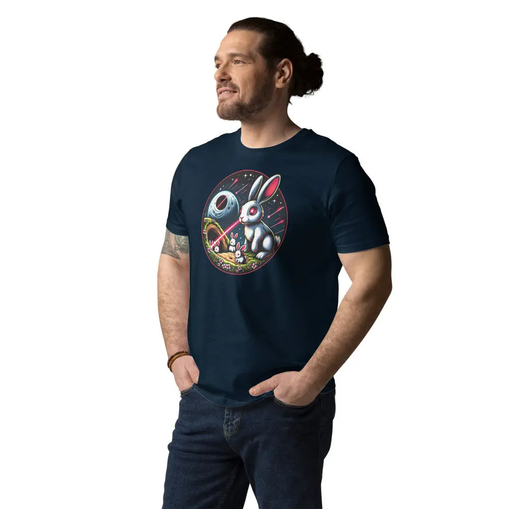 Bitcoin T-Shirt – Laser Eyes Rabbit Family - worn on male model - navy blue