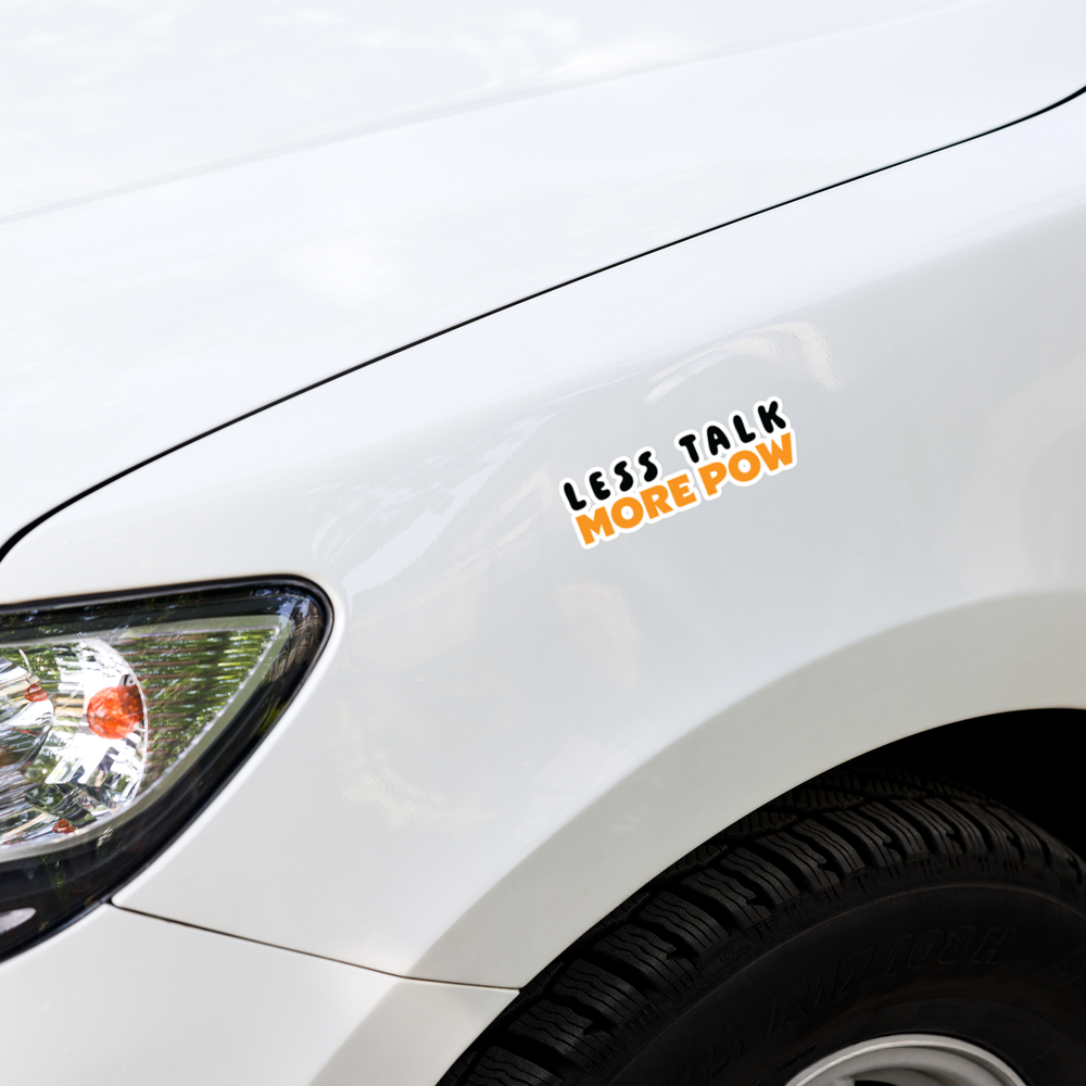 bitcoin sticker - less talk more pow - on car