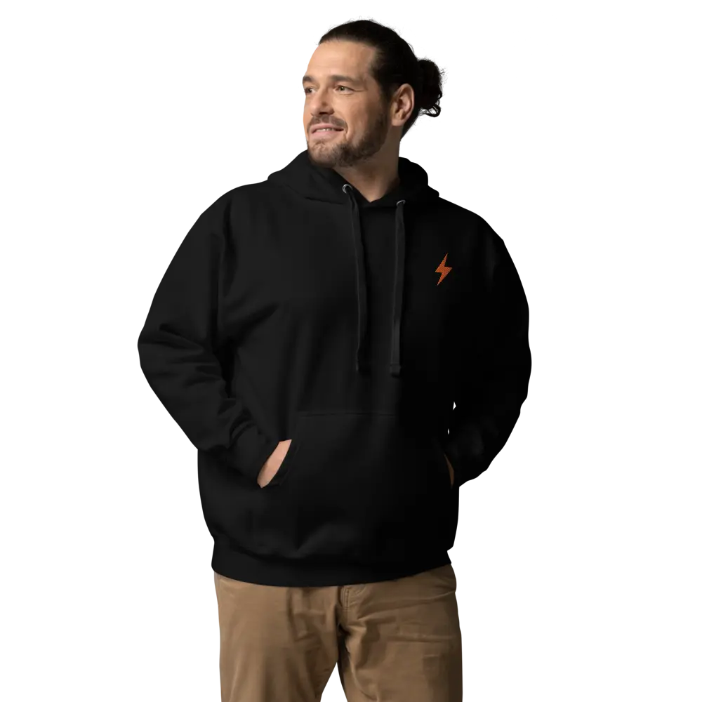 bitcoin hoodie - lightning symbol - worn by male model