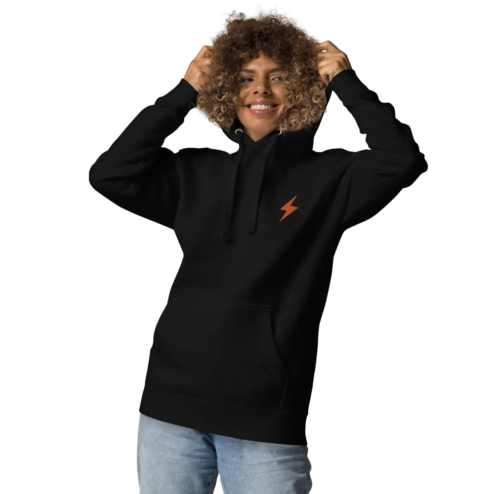 bitcoin hoodie - lightning symbol - worn by model