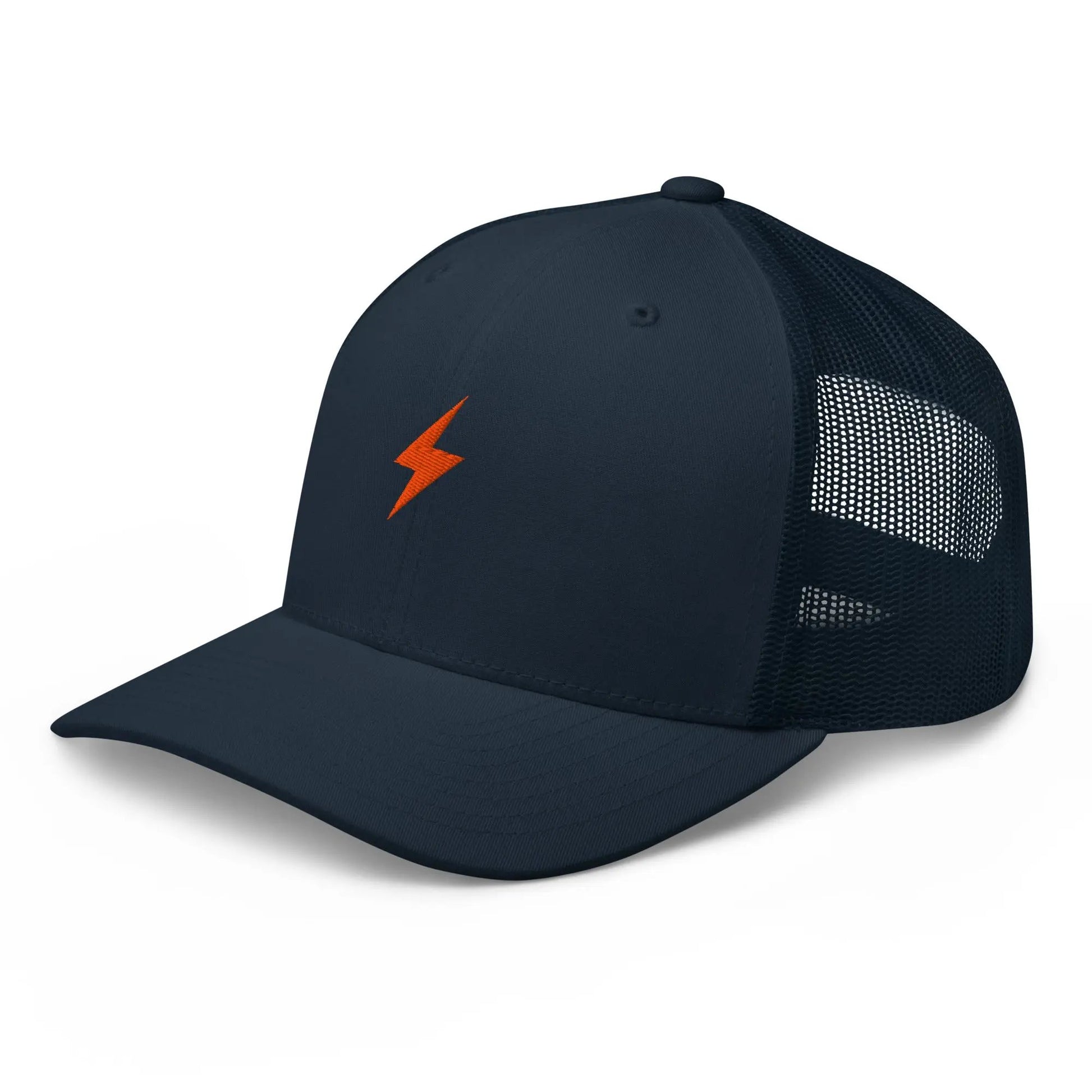 bitcoin trucker hat - lightning symbol - angled front view - navy