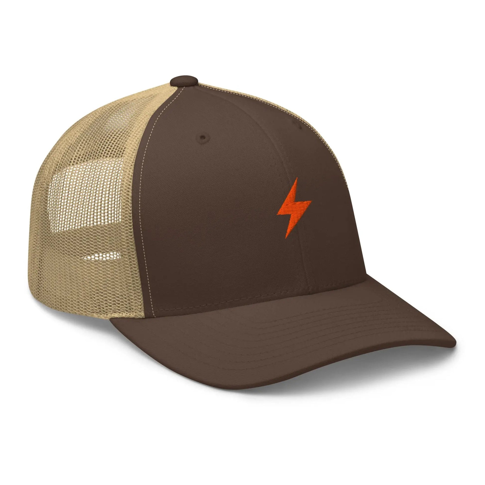 bitcoin trucker hat - lightning symbol - side view - brown khaki