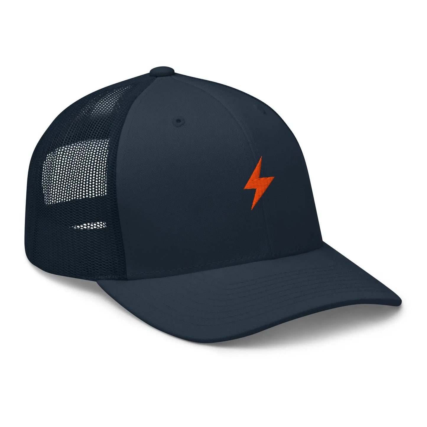 bitcoin trucker hat - lightning symbol - side view - navy
