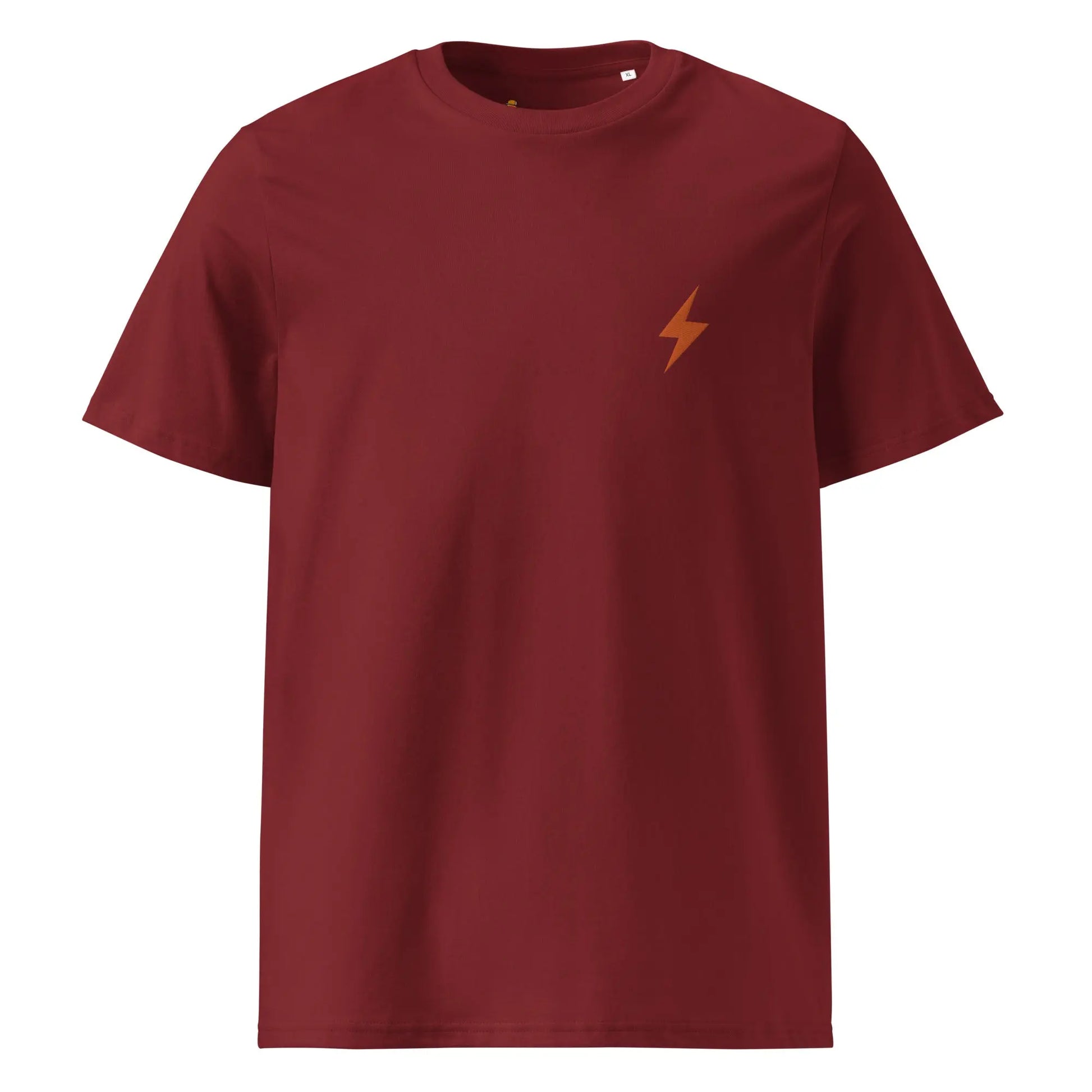Bitcoin T-Shirt – Lightning Symbol Embroidery - front view - burgundy red