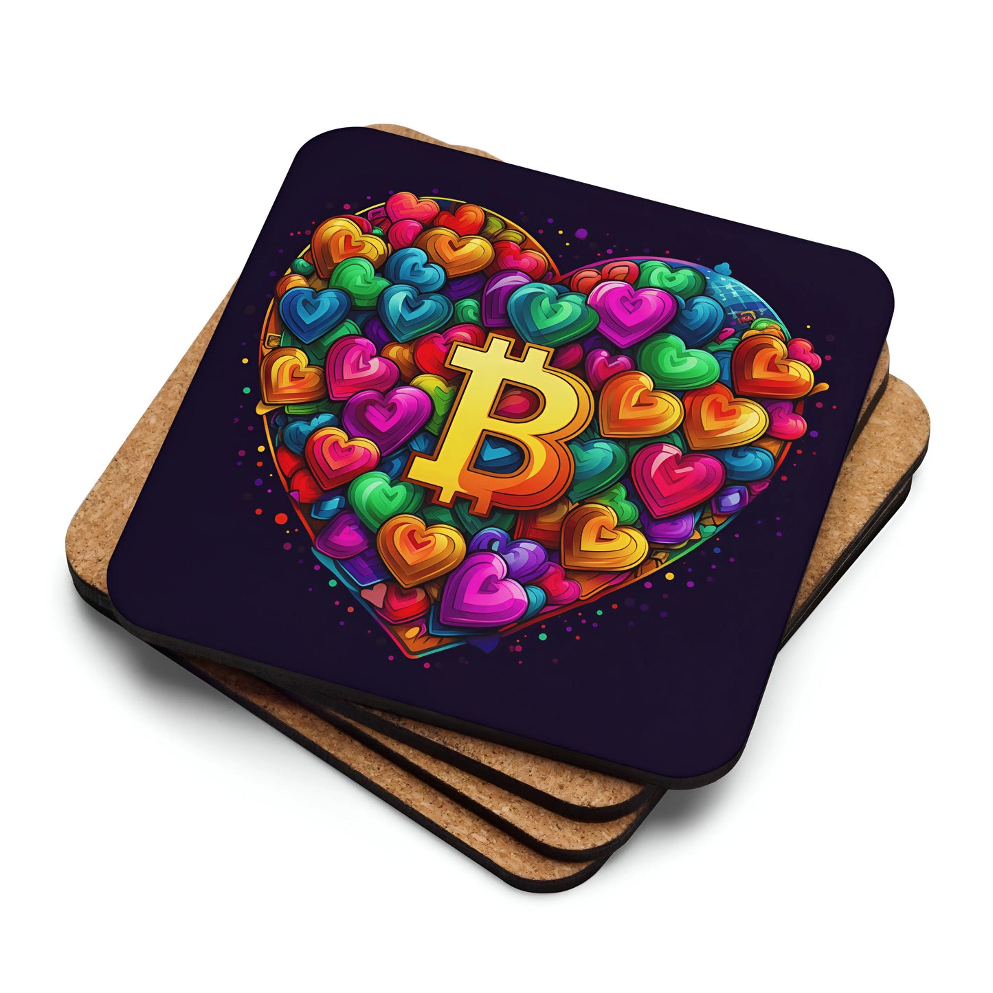Love for Bitcoin glossy Bitcoin coaster stacked with cork backing