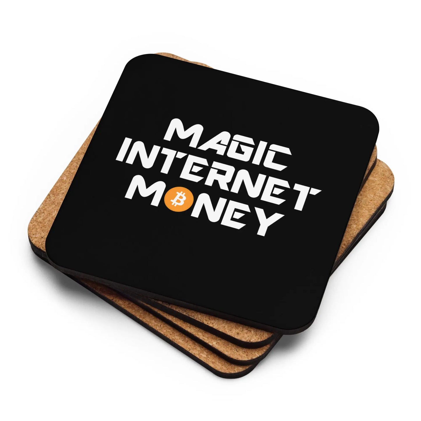 Stack of Magic Internet Money Bitcoin coasters showing cork backing