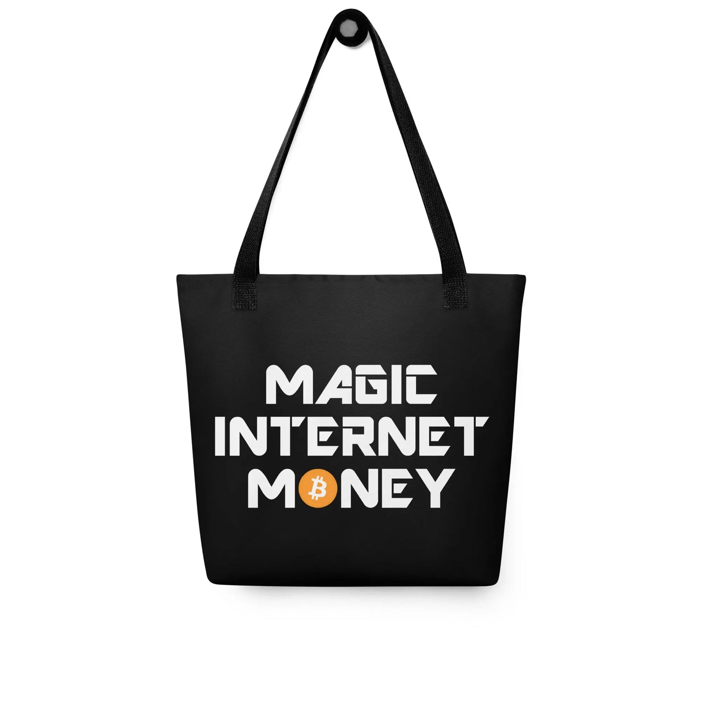 bitcoin tote bag - magic internet money - on hanger - black