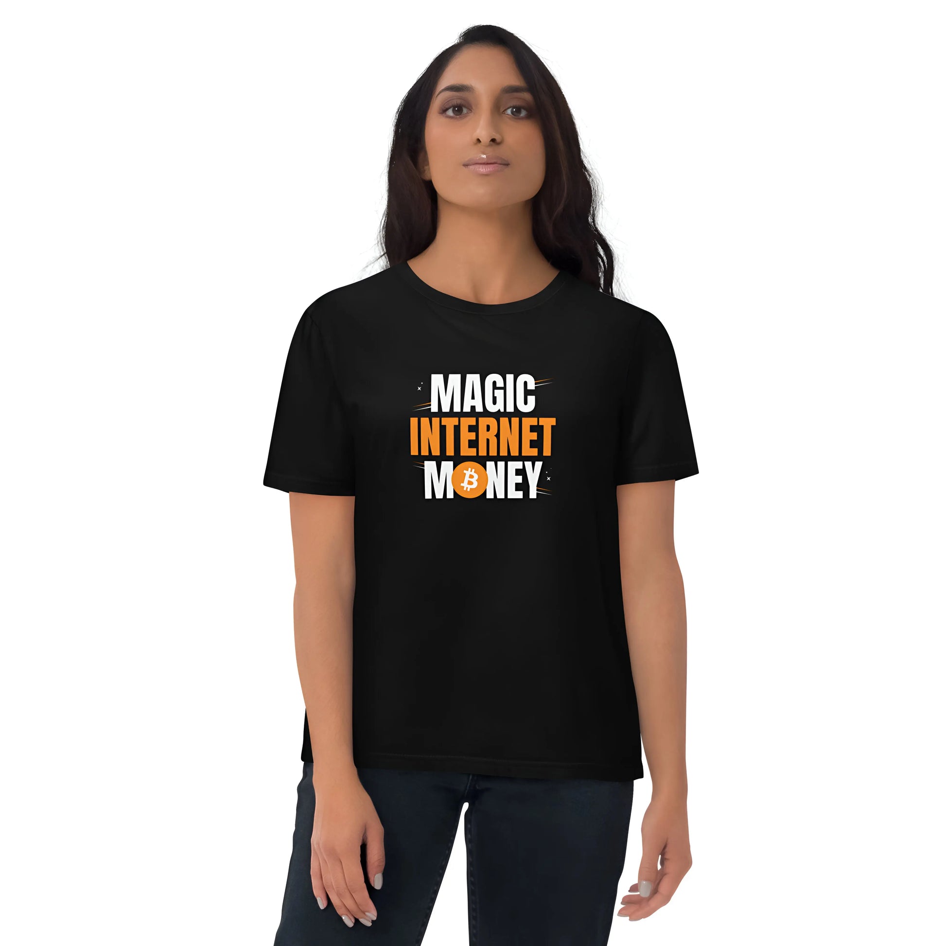 bitcoin t-shirt - magic internet money - female model - black