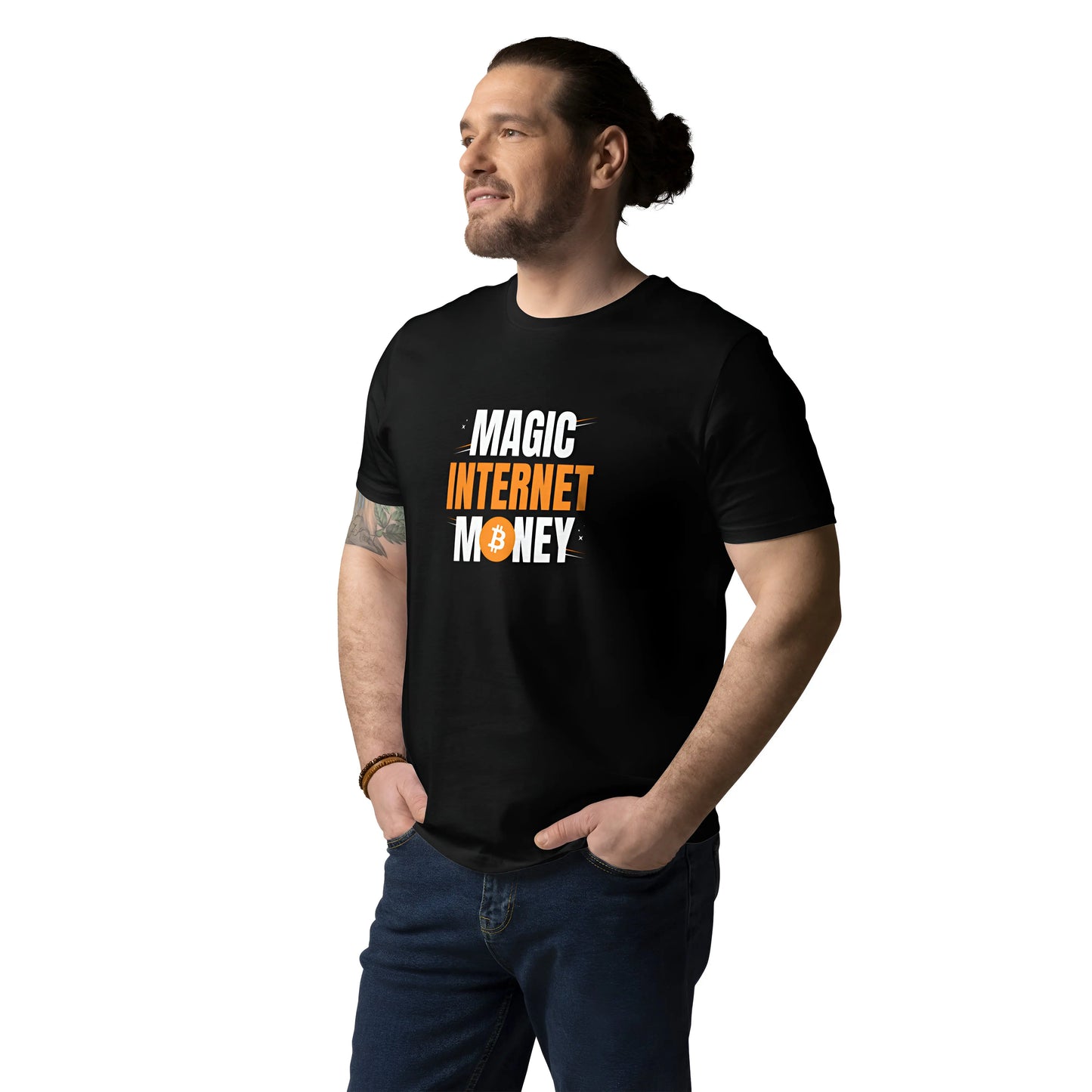 bitcoin t-shirt - magic internet money - male model - black