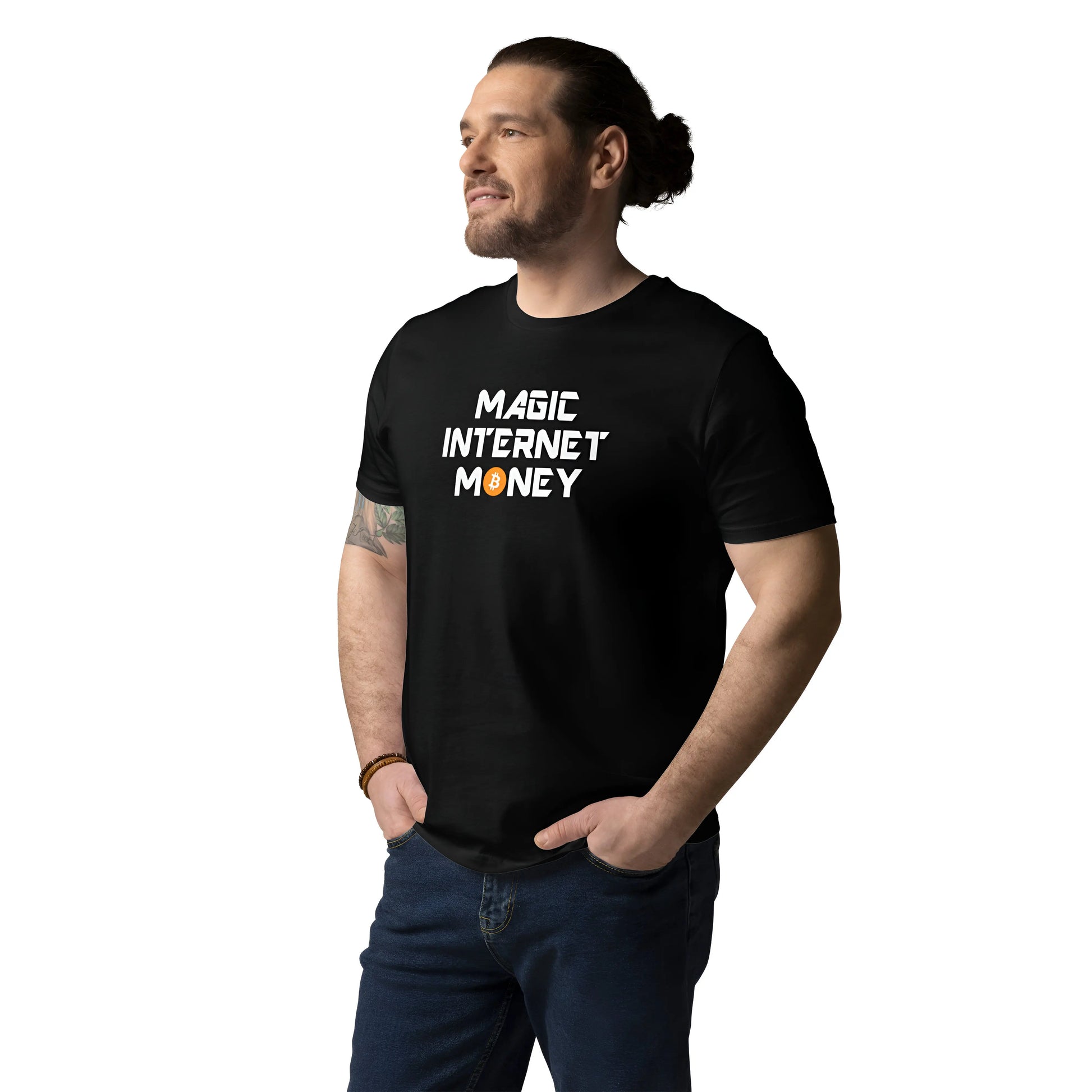 bitcoin t-shirt - magic internet money - worn on male model - black