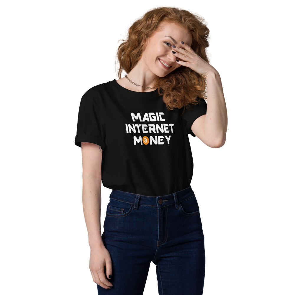 bitcoin t-shirt - magic internet money - worn on female model - black