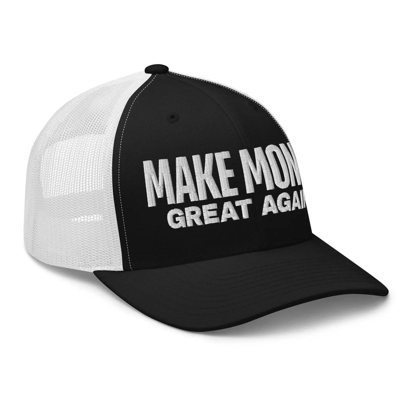 bitcoin trucker hat - make money great again - angled front view - black and white