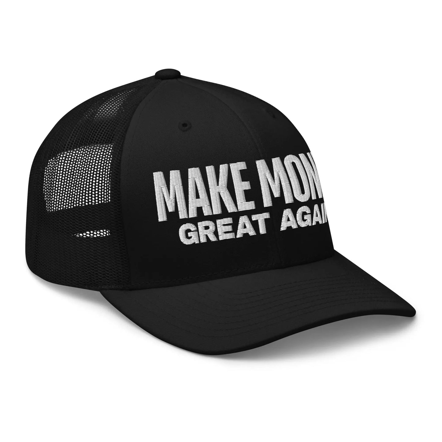 bitcoin trucker hat - make money great again - angled front view - black