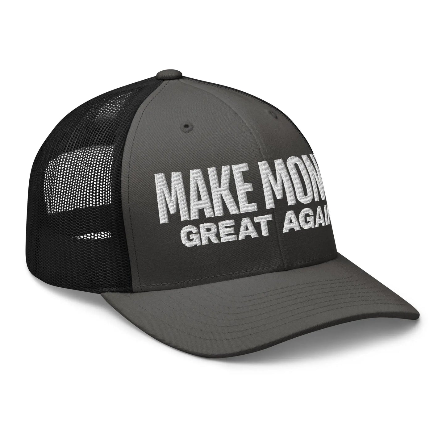 bitcoin trucker hat - make money great again - angled front view - charcoal and black