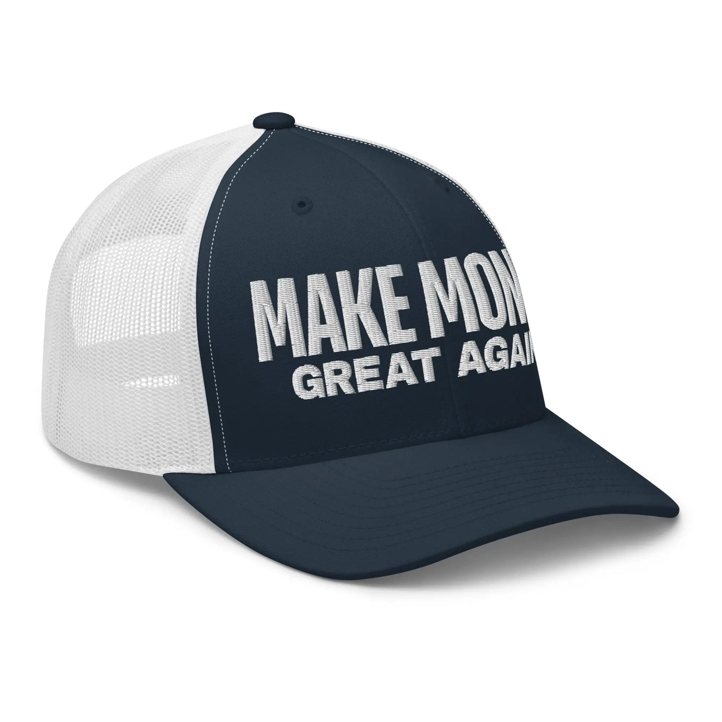 bitcoin trucker hat - make money great again - side view - navy and white