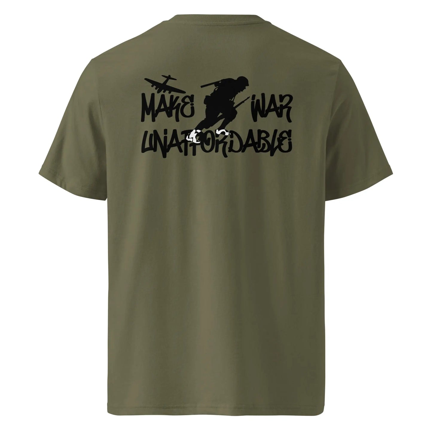 Bitcoin T-Shirt – Make War Unaffordable - back print - khaki green 