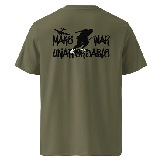 Bitcoin T-Shirt – Make War Unaffordable - back print - khaki green 