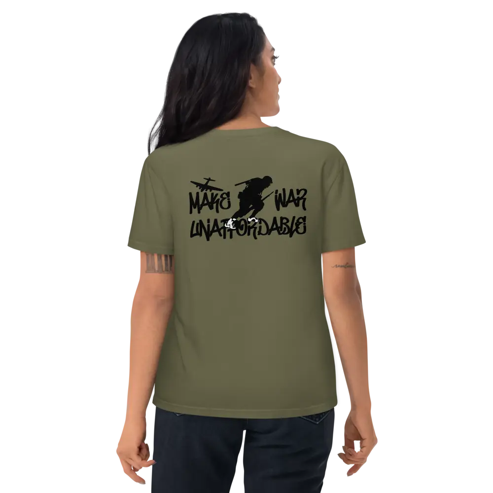Bitcoin T-Shirt – Make War Unaffordable - backprint - khaki green