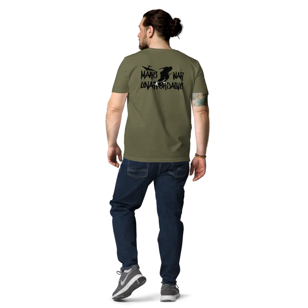 Bitcoin T-Shirt – Make War Unaffordable - worn on model - back print - khaki