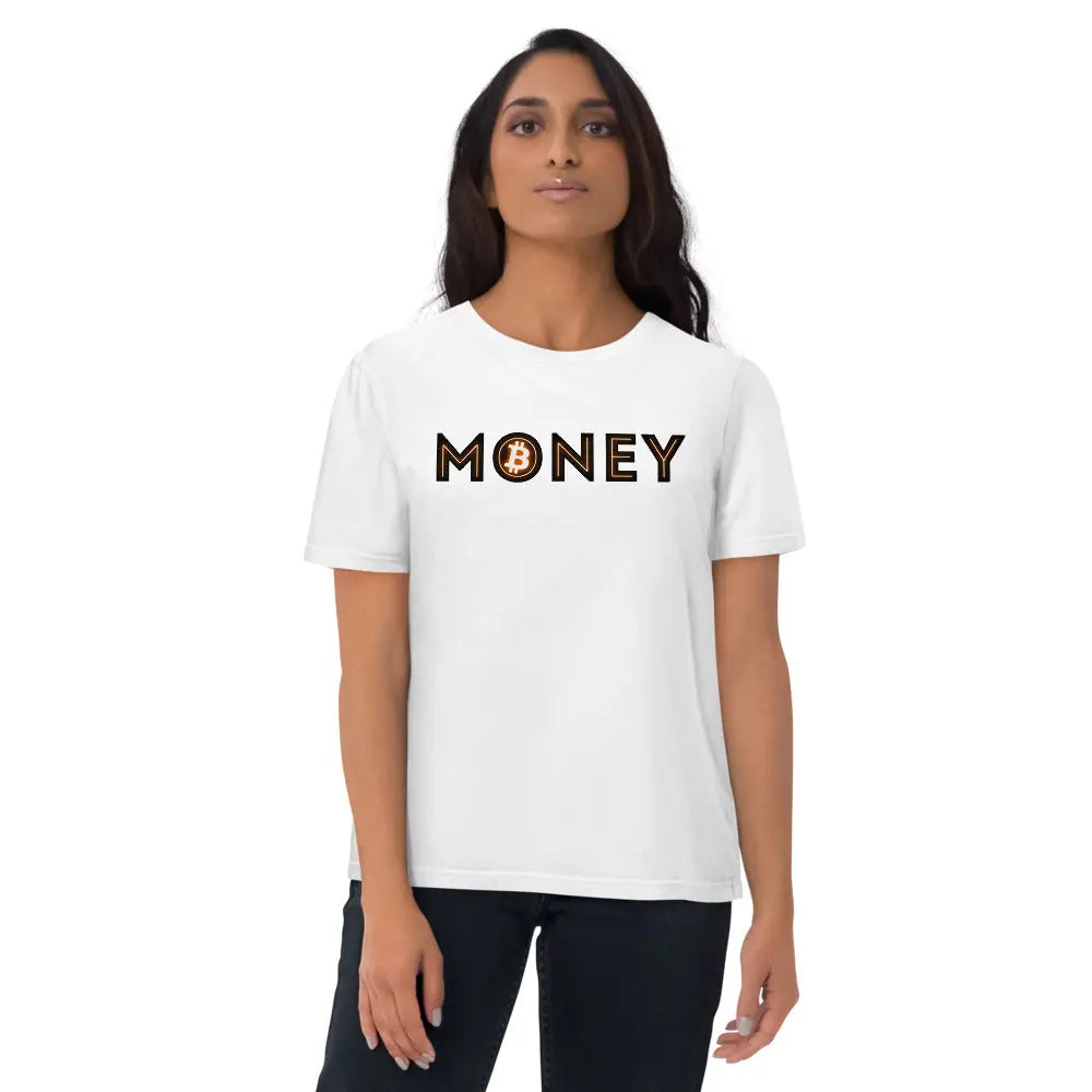 Bitcoin T-Shirt – Money -worn on female model — white