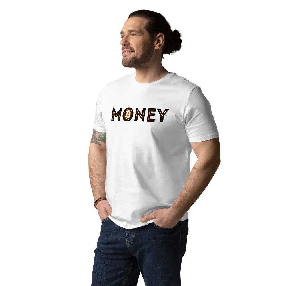 Bitcoin T-Shirt – Money - worn on standing male model — white