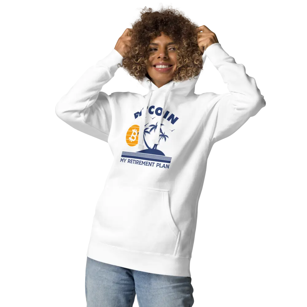 bitcoin hoodie - my retirement plan - worn by model - white