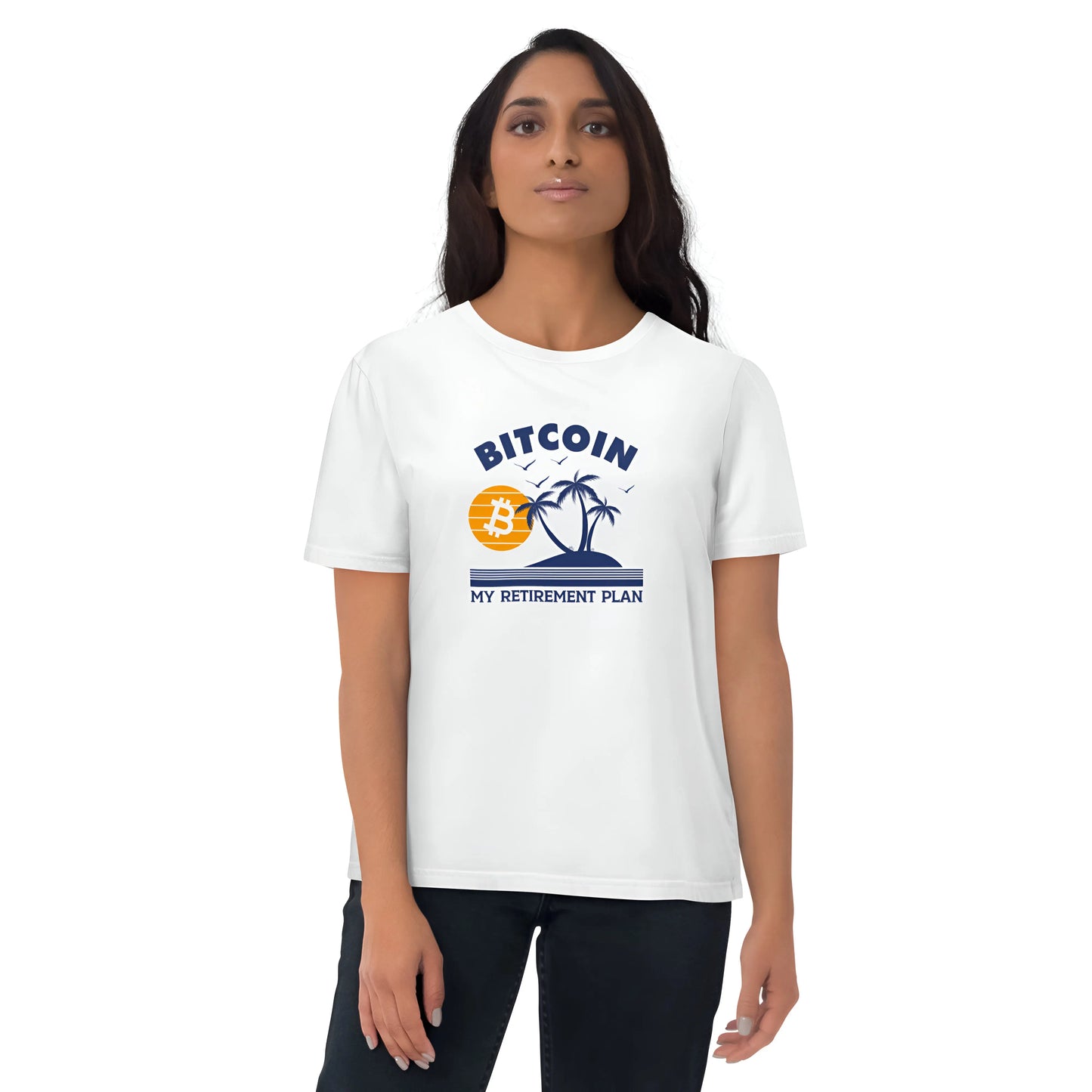 bitcoin t-shirt - my retirement plan - worn on female model - white