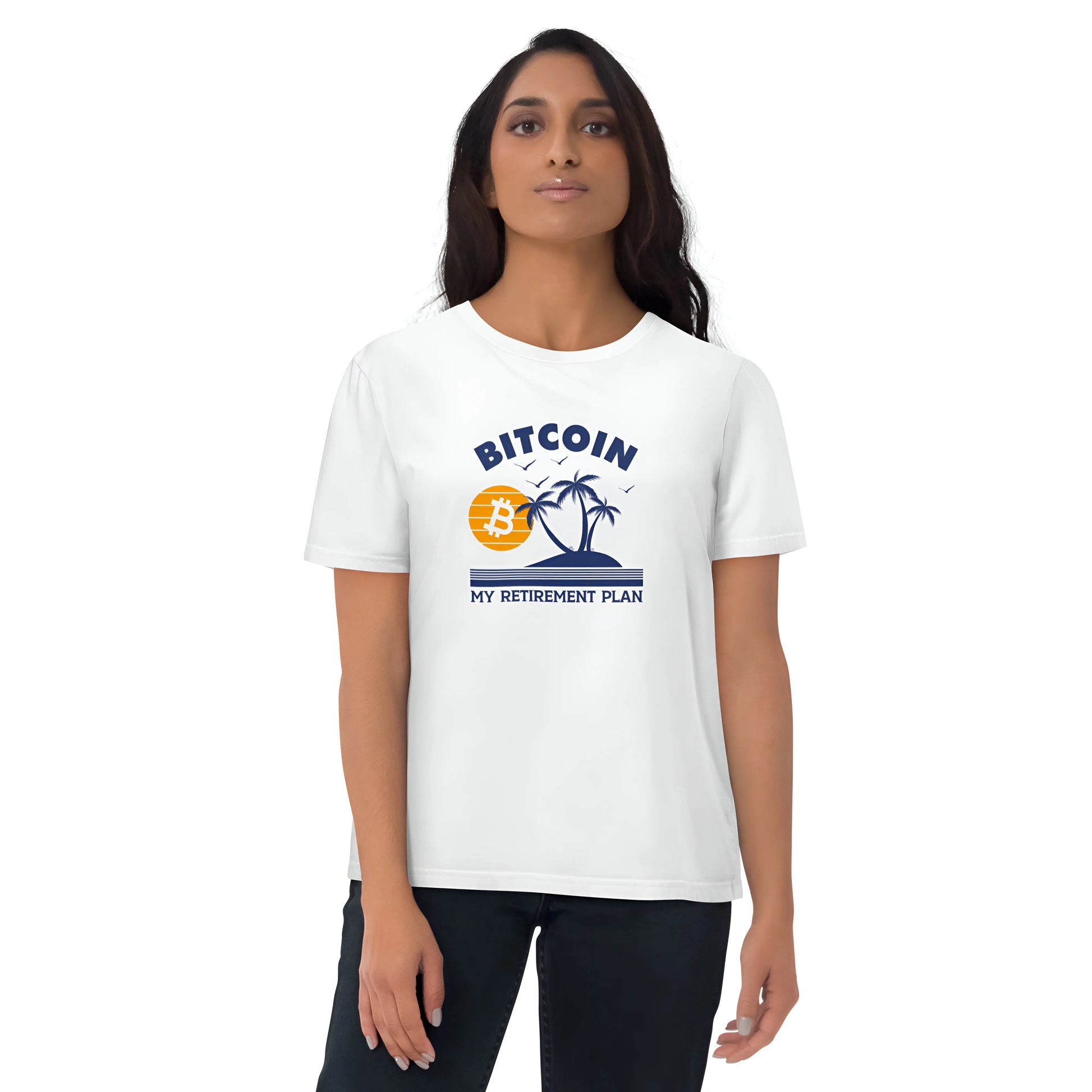bitcoin t-shirt - my retirement plan - worn on female model - white