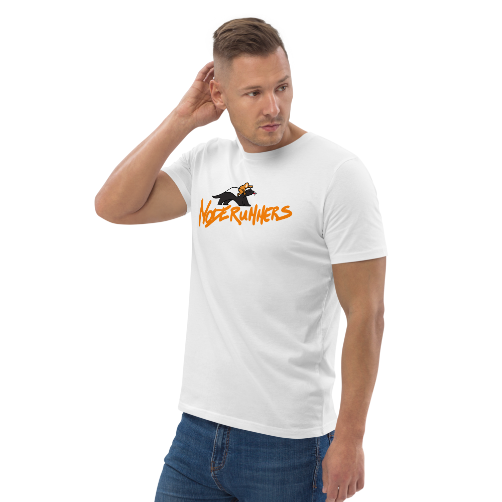 Bitcoin T-Shirt – Noderunners Honeybadger by BitPopArt — worn on men model - White color