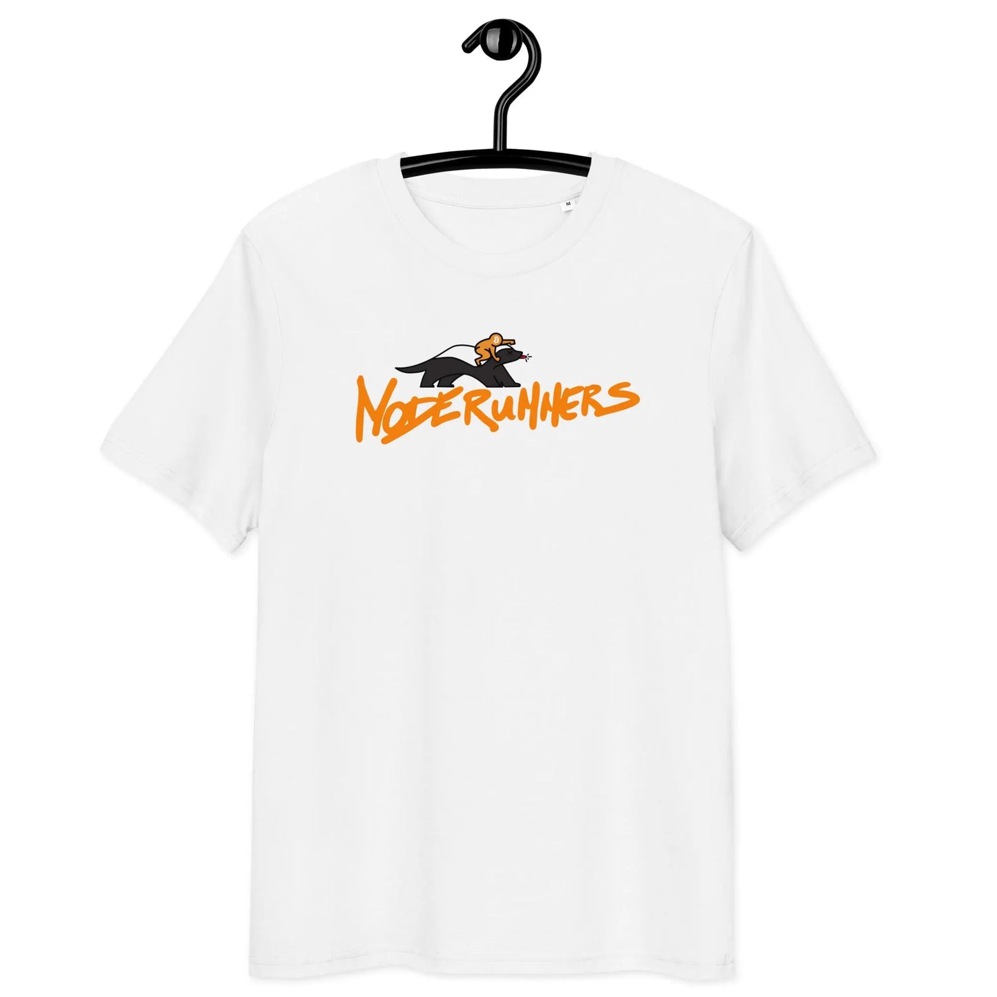 Bitcoin T-Shirt – Noderunners Honeybadger by BitPopArt — on hanger - White Color