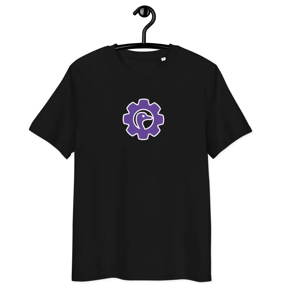 nostr t-shirt - dev - front view on hanger - black