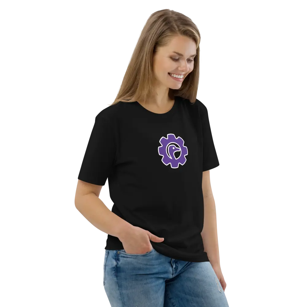 nostr t-shirt - dev - side view on model - black