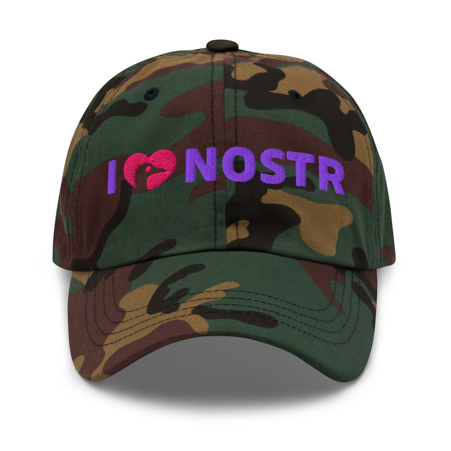 nostr hat - i love nostr - front view - camo