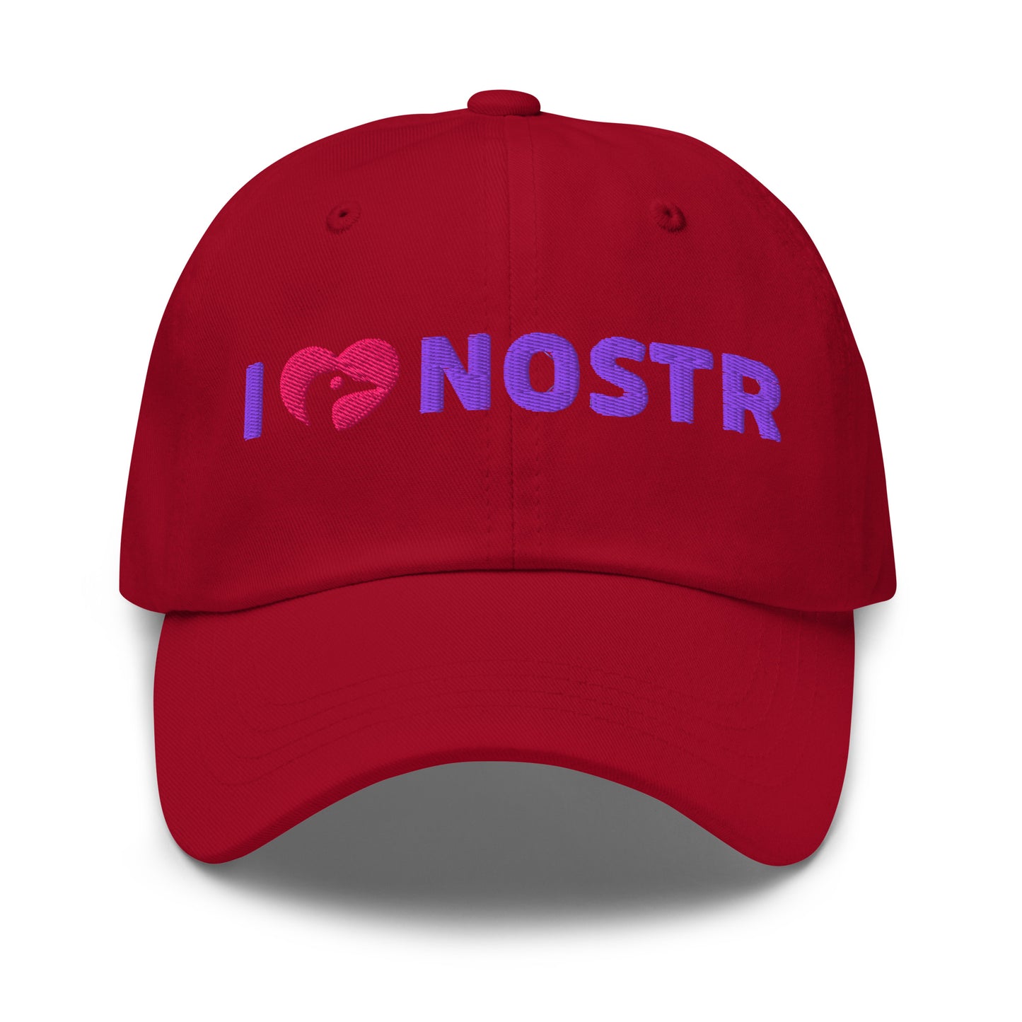 nostr hat - i love nostr - front view - cranberry