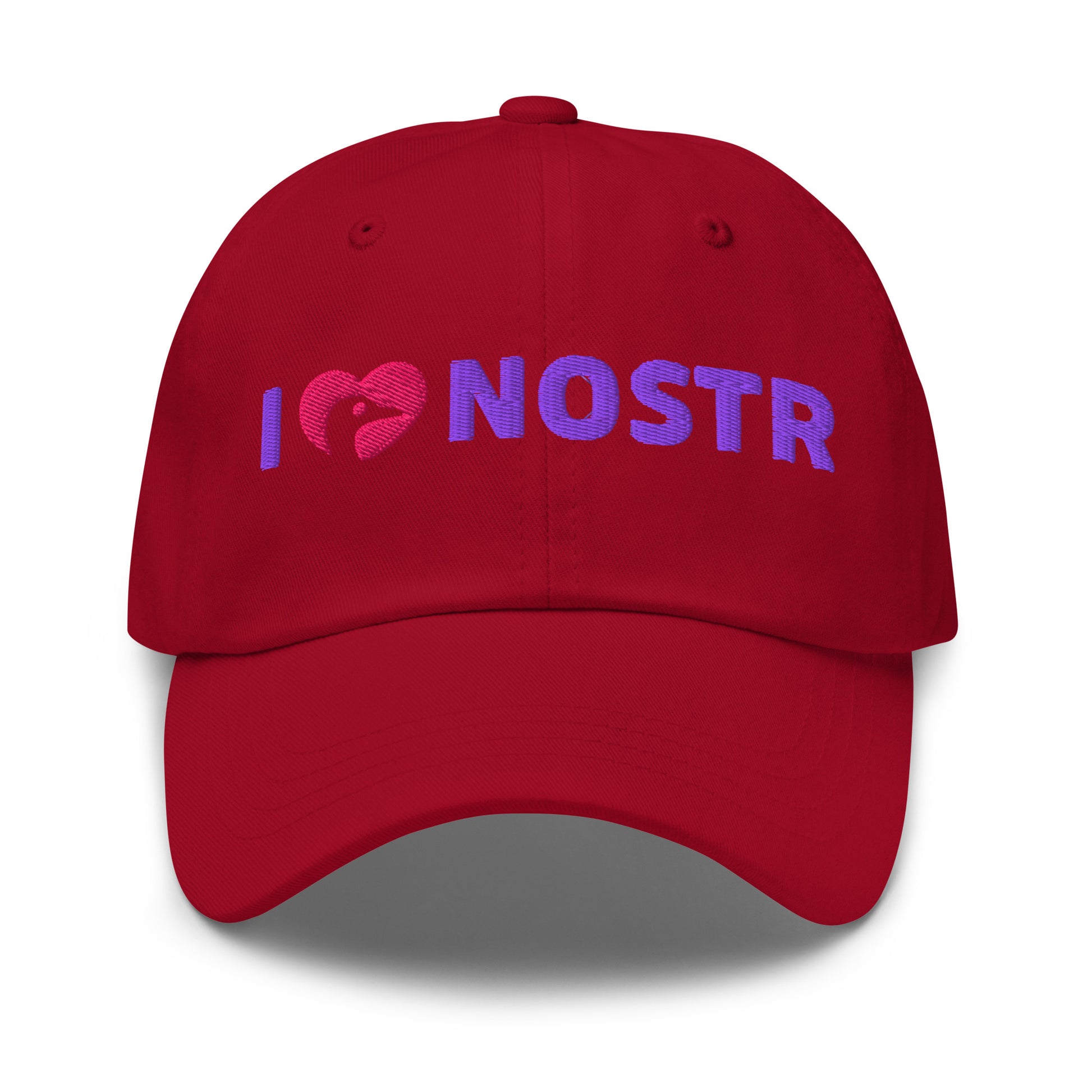 nostr hat - i love nostr - front view - cranberry