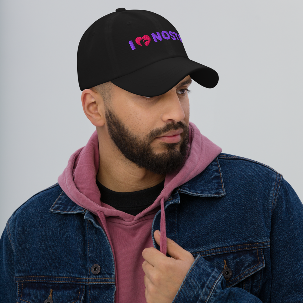 nostr hat - i love nostr - worn by male - black