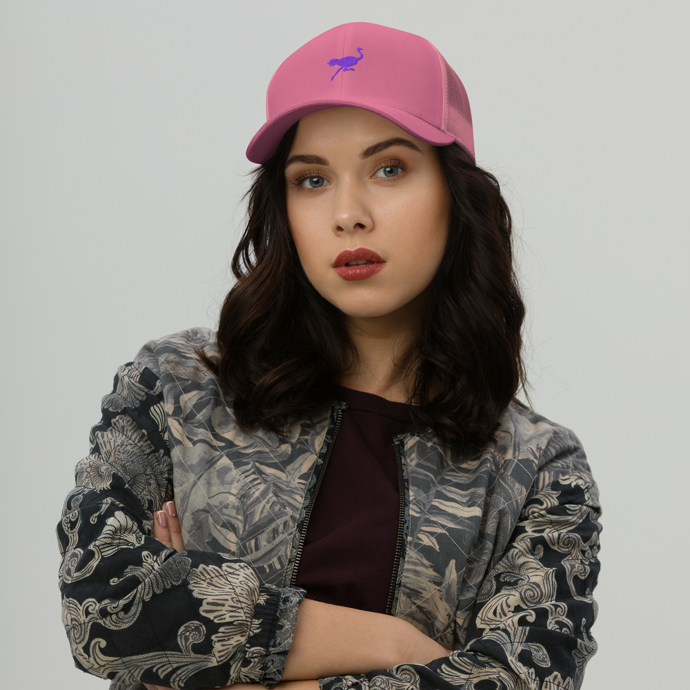 nostr hat small nostrich logo worn by female pink