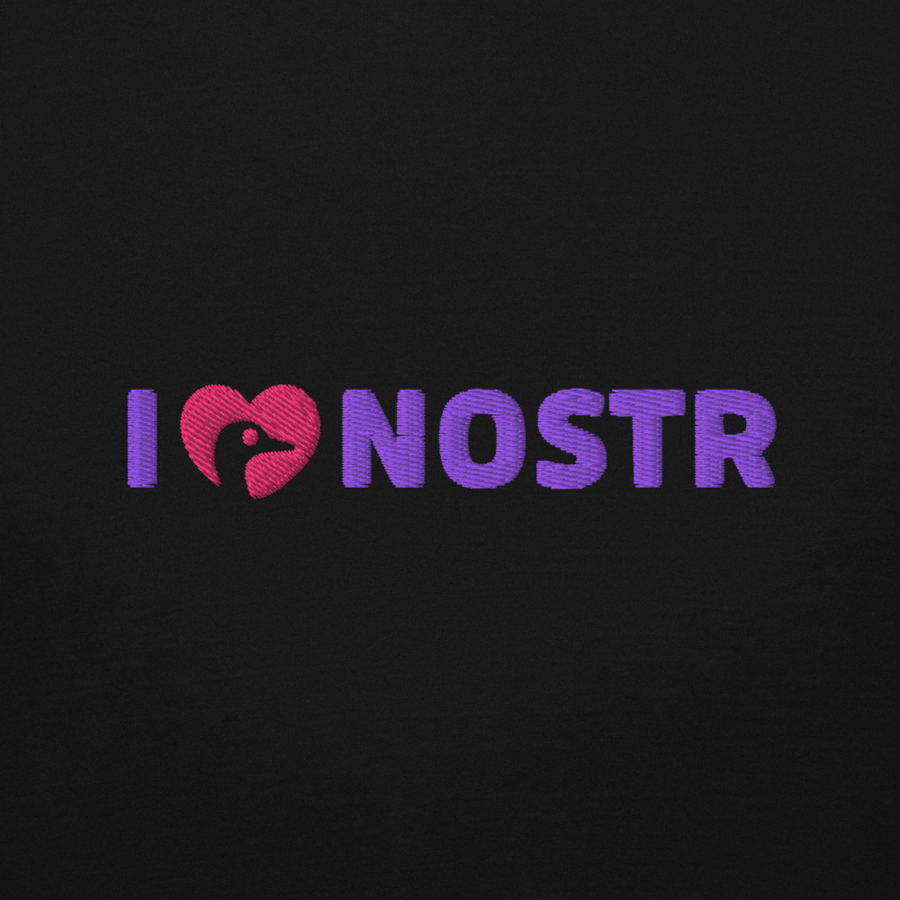 nostr hoodie - i love nostr - embroidery detail - black