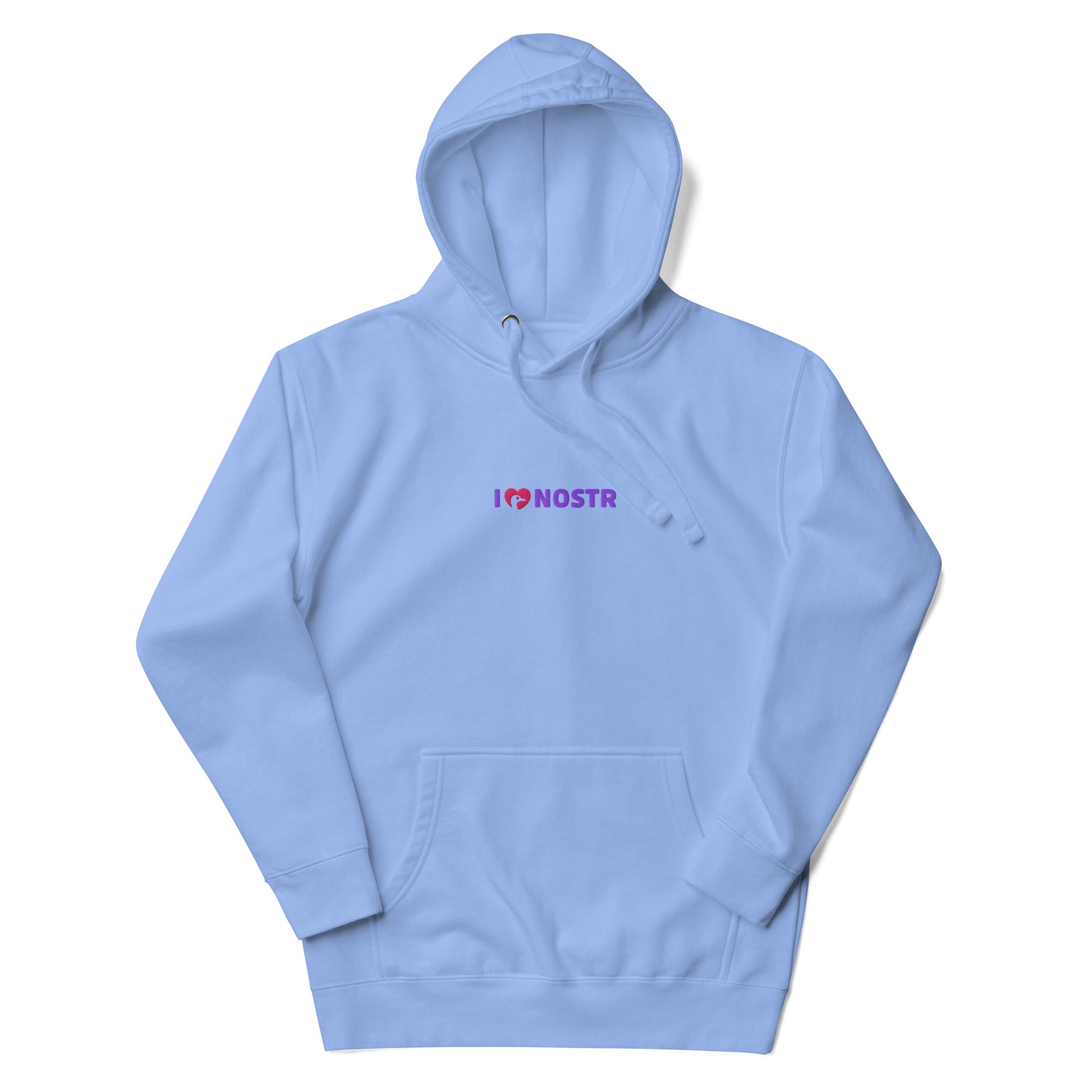 nostr hoodie - i love nostr - front view - carolina blue