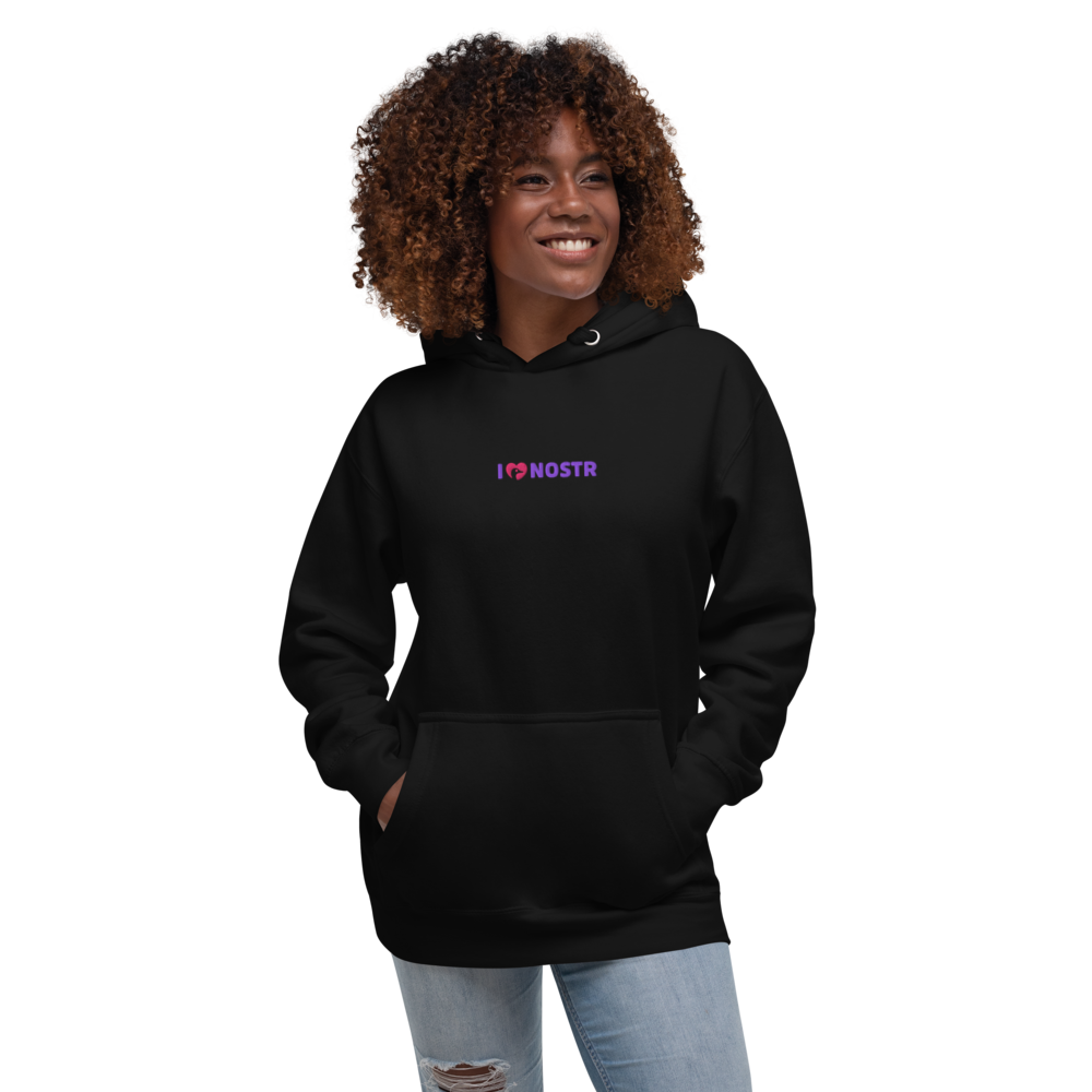 nostr hoodie - i love nostr - front view - female - black