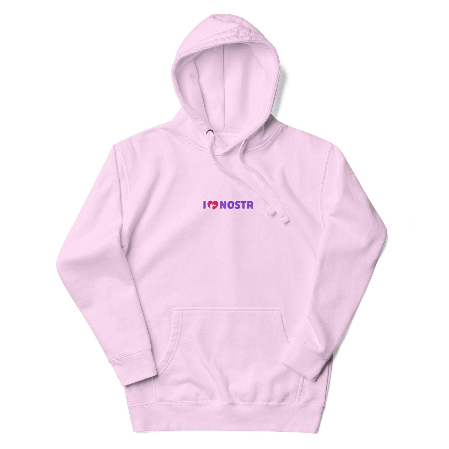 nostr hoodie - i love nostr - front view - lavender