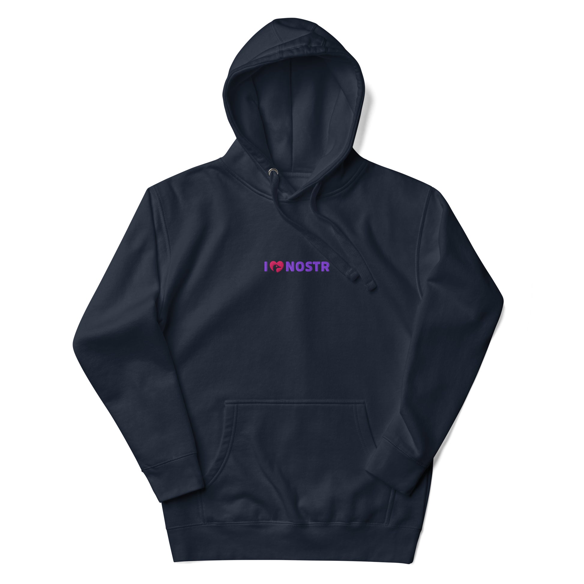 nostr hoodie - i love nostr - front view - navy blue