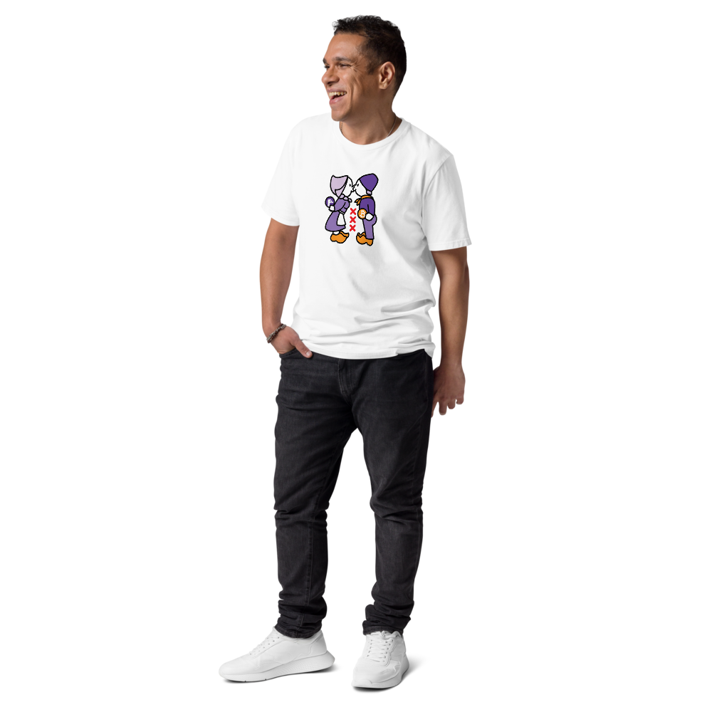 Nostr T-Shirt – Nostrdam - on smiling male model - front view- white