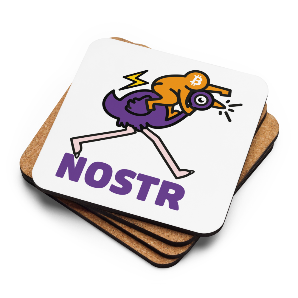 Nostr Pop Ostrich Nostr coaster stack by BitPopArt — cork backs + face up