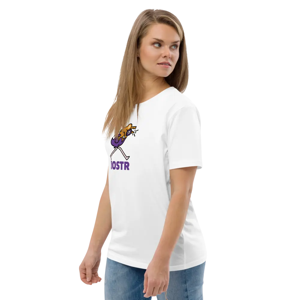 Nostr T-Shirt – Nostr Pop Ostrich - worn on female model - white